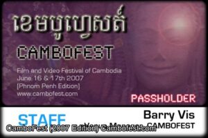 Staff pass for venue manager Barry Vis from the CamboFest Cambodia International Film Festival