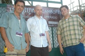 CamboFest Cambodia International Film Festival director Jason Rosette (left), filmmaker Greg Cahill, and production colleague Matthew Caron (right)